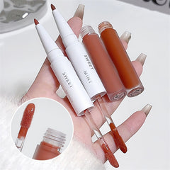 YICKYUE   -  2 in 1 Lip Glaze Lip Liner Pen Smooth Long Lasting Moisturizing Lipgloss Non-stick Cup Lipliner Pencil Water Glass Korean Makeup