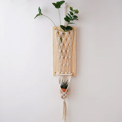 Air Plant Hanger Macrame Wall Hanging Boho Wall Plant Flowers Holder Wooden Shelf Home Decor for Farmhouse Garden Decoration