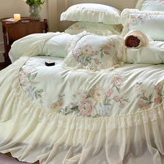 YICKYUE  -  Princess Chiffon Lace Bedding Sets Luxury Green Egyptian Cotton Flowers Embroidery Duvet Cover Bed Sheet Pillowcases 2024 New