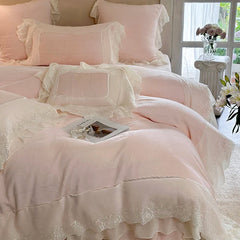 YICKYUE  -  4Pcs Pink Vintage French Lace Ruffles Princess Bedding Set Winter Milk Velvet Plush Duvet Cover Cover Set Bed Sheet Pillowcases