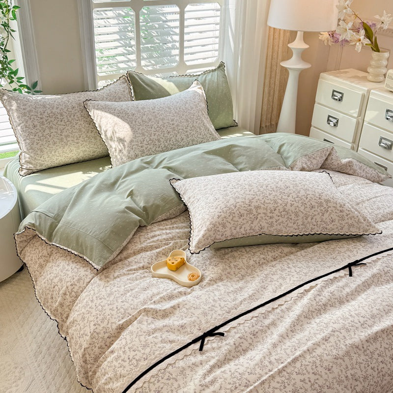 YICKYUE  -  2025 New Floral Lace Cotton Bedding Set - 4PC Korean Princess Style | 100% Pure Cotton