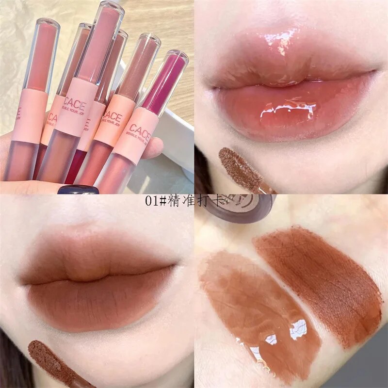 Yickyue Double-headed Lip Glaze Glossy matte lipstic Gloss Non-fading Lipstick Matte Mirror Lipstick Students Lip Makeup Girls Cosmetics