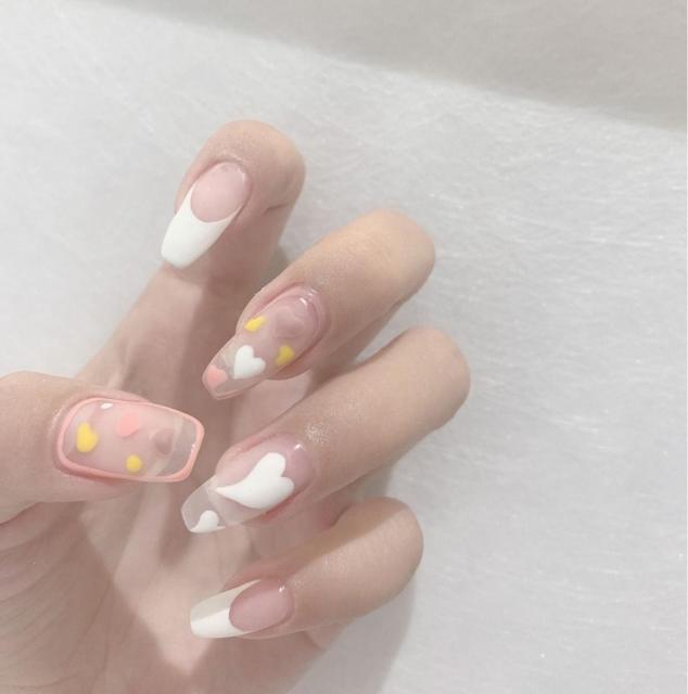 24Pcs Middle Length Ballerina Nude Pink Color False Nails Design With Heart Pattern DIY Artificial Fake Nails With Press Glue