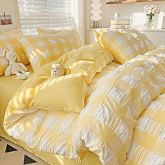 Yickyue Cute Princess Seersucker Bedding Set For Women Washed Cotton Ruffle Bed Skirt Sheet Sets King Queen Size Bed Linens Decor Home
