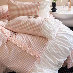 YICKYUE  -  Pink Gingham with Bow Ruched Bedding Set