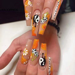 Nails Set Press On Long 24Pcs Glossy Orange False Nails Cherry Pattern Design Nail Tips Wearable Full Cover Free Shipping