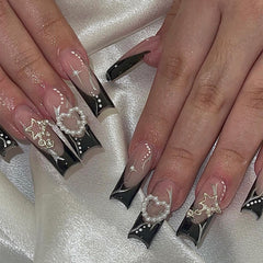 YICKYUE  -  24Pcs Fake Nails with Star Rhinestone Pearl Design Press on Fingernails Tips Full Cover Wearable Artificial Acrylic Nail Tips