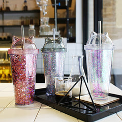 Sequined Cat Ear Plastic Cups BPA Free Water Bottle with Straw Flash Film Double-Layer Straw Cup Reusable Tumbler Cup Coffee Mug