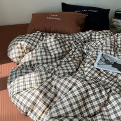 YICKYUE  -  Nordic Style Cotton Plaid 4-Piece Bedding Set – Korean-Inspired Home Linen
