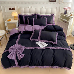 YICKYUE  -  Korean Princess Style Lace Ruffles With Bow Decoration Bedding Set Black/Purple Duvet Cover Set Bed Sheet Bed Skirt Pillowcases