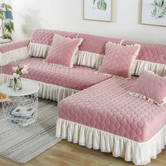 Yickyue Pink Plush Sectional Sofa Covers with Lace Winter Warm Slipcover Anti Slip Couch Cover for L/U Shape Sofa Protector Home Decor