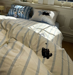 YICKYUE  -  Fashion cute cartoon cat bedding set,twin full queen blue stripes black cotton home textile bed sheet pillow case quilt cover