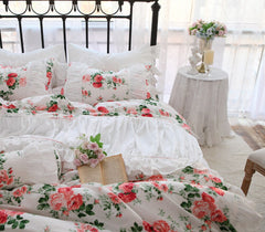 Yickyue Pastoral Red Rose Print Bedding Set Cotton Korean Style Ruffle Elegant Princess Lace Duvet Cover Bed Skirt Bedspread Pillowcases