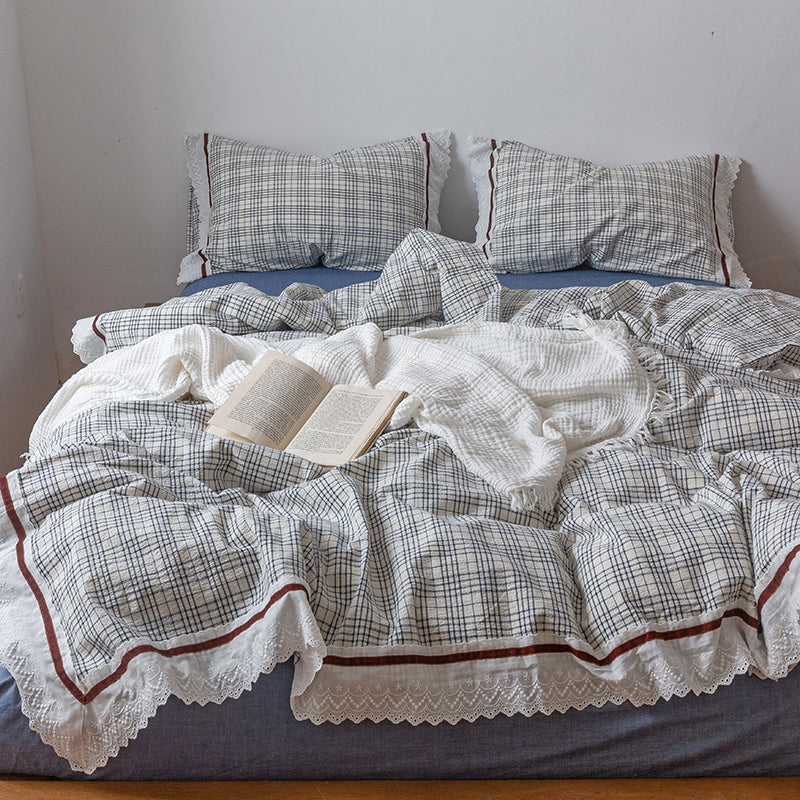 YICKYUE  -  Korean Style Pure Cotton Seersucker Lattice Lace Ruffles Bedding Set INS Style Girl Bed Sets Duvet Cover Bed Sheet Pillowcases