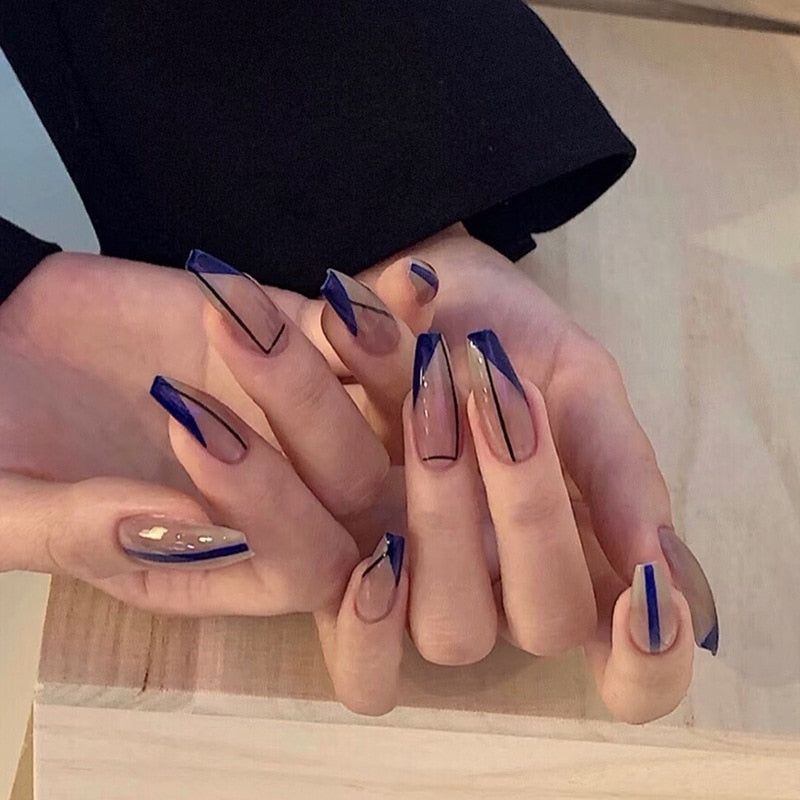 24Pcs Blue Sky White Clouds Designs False Nail Full Cover Fake Nails with Glue Detachable Wearable Manicure Nail Tips Decoration