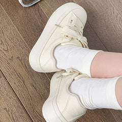 YICKYUE  -  Minimalist Style Canvas Shoes Solid Color Thick Sole Womens Casual Shoes Fashions Low-top Lace Up Shoes for Ladies