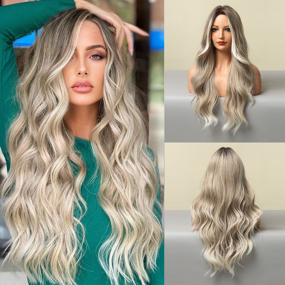 YICKYUE  -  European and American fashion split large wave light and thin natural mixed color light gray full head wig for women wigs