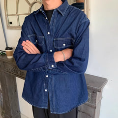 Hearujoy American Vintage Men's Denim Shirt Safari Style Double Pocket Lapel Long Sleeve Top Spring Autumn Fashion Streetwear Shirts Male