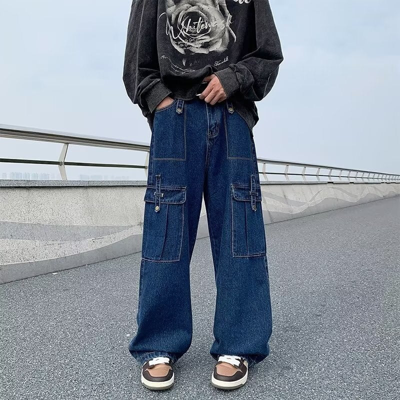 YICKYUE  -  Blue Baggy Cargo Jeans Men Fashion Oversized Pocket Jeans Mens Japanese Streetwear Hip-hop Loose Straight Denim Trousers Men