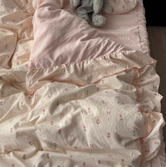 YICKYUE  -  Korean Girl Ins Pink Small Floral Washed Cotton Four-piece Set Lotus Leaf Lace Quilt Cover Bed Skirt Dormitory Three-piece Set