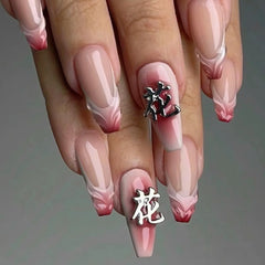YICKYUE  -  Gradient Pink Water Droplet Ripple French 3D Chinese Character Flower False Nail Art Detachable Finished Fake Nail Press on Nail
