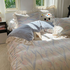 YICKYUE  -  Autmn Winter Duvet Cover Set  A-Class High Weight Milk Velvet  Flower Jacquard Colored Tulip Girl Lace Simple Bedding Set Warm