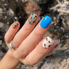 BLUE and brown color False Nails with glue Short Full Nail Tips clear nude glitter Hybrid nail girls artificial finger nail