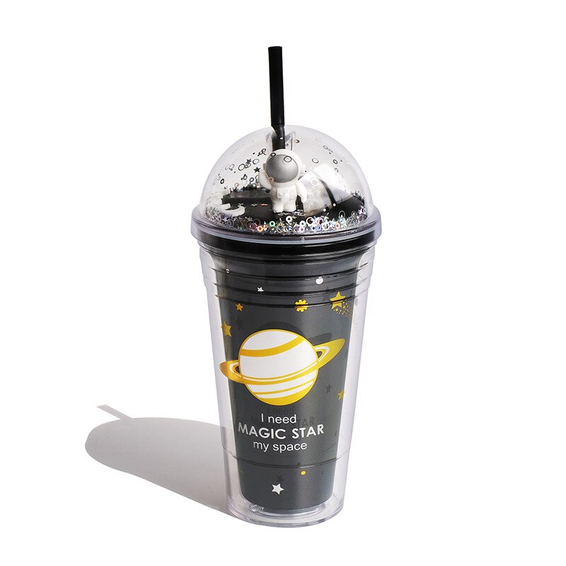 Double Layer Straw Cup,Plastic Cups with Straw and Lids, Heat Insulated Plastic Bottle Water Cup for Household Office,BPA Free