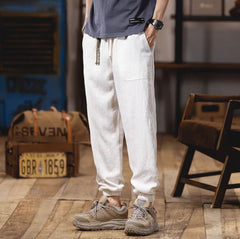 Hearujoy Spring Summer Mens Linen Casual Pants Elastic Waist  Loose Pencil Pants Fashion Sports Ankle-Length Cargo Trousers Flax