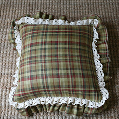 Yickyue Classics Madison Green Grids Lace Ruffled Throw Pillow Covers 18" x 18" Buffalo Check Accent Cotton Linen Farmhouse Décor TJ7328