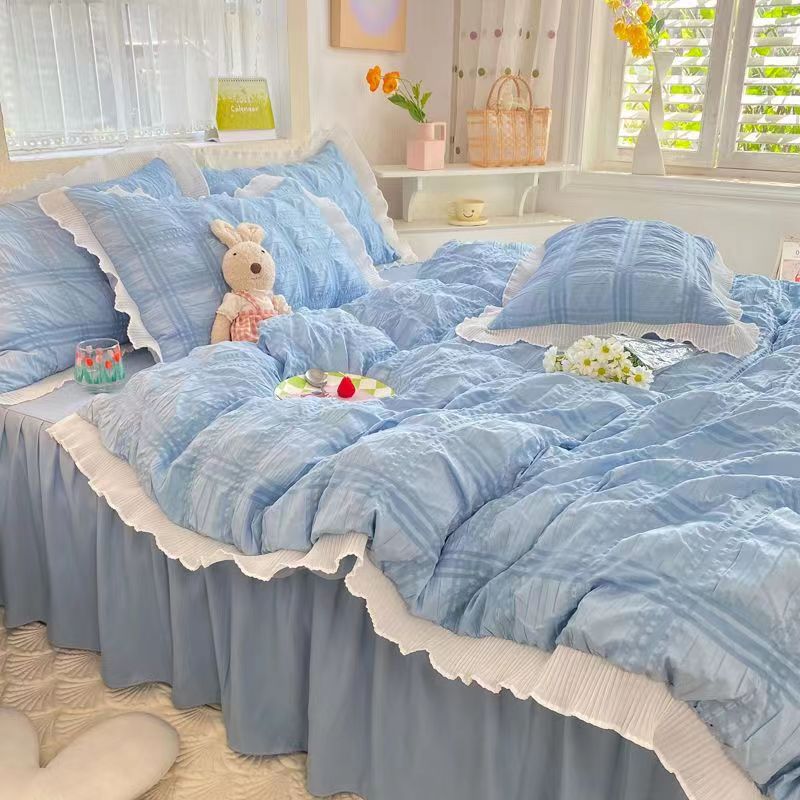 YICKYUE  -  Summer princess style super king size bedding set soft yellow quilt cover seersucker ice silk bed four-piece washable cotton