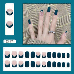 24pcs/box Fake Nails Press on Short Reusable Nail Set Dark Blue Artificial Pink False Tipsy Stick-on Nails Tips Art