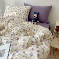 YICKYUE  -  Korean Style Cute Bedding Set For Girls Bed Linen New Skin Friendly Fresh Flora Printed Washed Cotton Duvet Cover Set