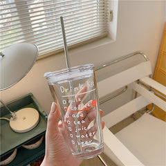 Korean Style Simple White Letter Coffee Glass Milk Cup Portable Large-capacity Water Bottle with Lid and Straw
