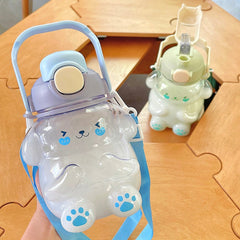 Kawaii Rabbit Straw Water Bottle For Girls School Summer Cute Kids Double Drinking Plastic Cup With Strap Handle Large Bottles