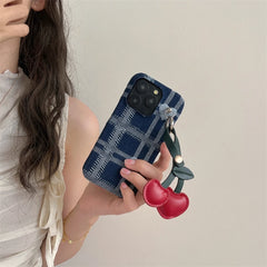 YICKYUE  -  Retro Blue Denim Fabric Plaid Love Cherry Pendant Shockproof Protective Phone Cover Case For iPhone 15 14 13 12 11 Pro Max