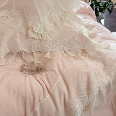 YICKYUE  -  4Pcs Pink Vintage French Lace Ruffles Princess Bedding Set Winter Milk Velvet Plush Duvet Cover Cover Set Bed Sheet Pillowcases