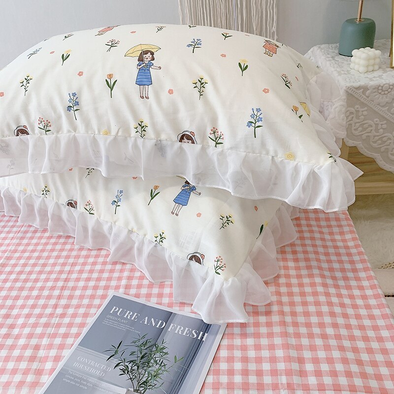 Cilected 100% Cotton Lotus Leaf Lace Pillowcase Ins Pastoral Style Single And Double Small Floral Cushion Cover With Zipper 2PCS
