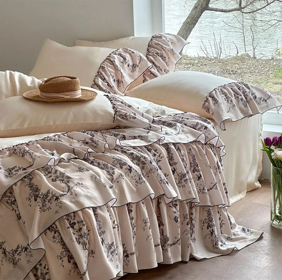 Yickyue -  Fairyfair pastoral flower bedding set girl,full queen king elegant unusual ruffle home textile bed sheet pillow case quilt cover