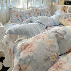 YICKYUE  -  French Romantic Style Bedding Set Princess Skin Friendly And Comfortable Quilt Cover Lace Washed Cotton Printed Duvet  Cover Set