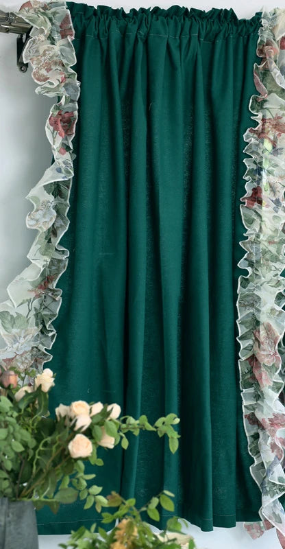 YICKYUE  -  Retro Green Cotton Linen Fabric Window Curtain with Flounced Lace, Customizable Drapes, Bedroom, Living Room, Home Decor