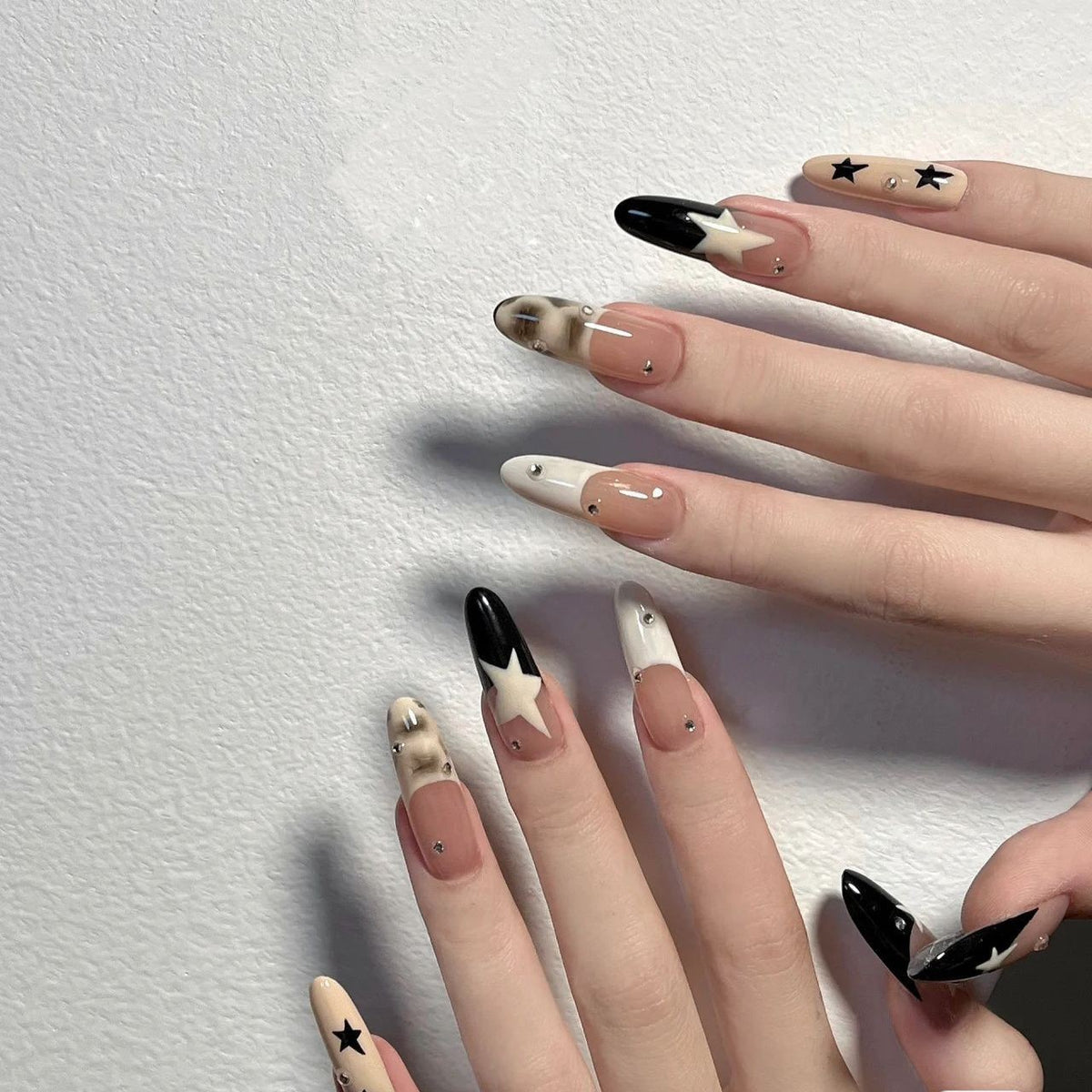 YICKYUE  -  10pcs Handmade Star Long French False Nails Press on Nails Fake Nials Reusable Wearable Nail Tips Artificial False Nails