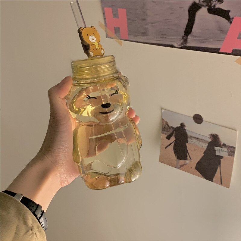 Korean Style Cute Cartoon Bear Double Lid Straw Cup Water Cup Girl Heart Summer Student Portable Plastic Cup Handy Cup