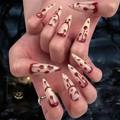 YICKYUE  -  24Pcs Halloween bloody face Press on Nail Long Nude Color Crescent Moon Wearable Nail for Women and Girl Finished Nail Art