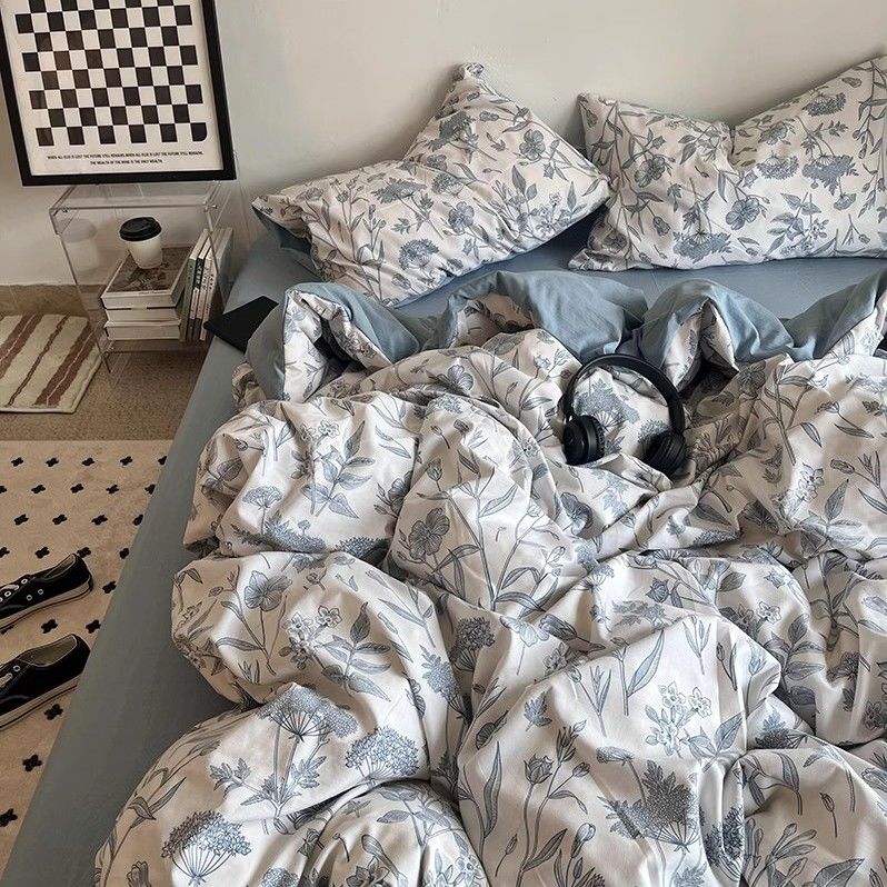 YICKYUE  -  Korean Style Ins Retro Fresh Floral Washed Cotton Bed Four Piece Duvet Set, Student Dormitory Bed Sheet Three Piece Set