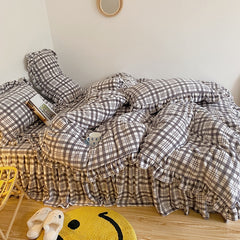 Yickyue Gray plaid Bedding set milk cashmere bed set Queen King Size 4Pcs(1 Duvet Cover 1Bed skirt Pillow Shams)