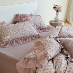 YICKYUE  -  Vintage French Floral Lace Ruffles Bedding Set 100% Cotton Double Layer Yarn Duvet Cover Flat/Fitted Bed Sheet Pillowcases 4Pcs