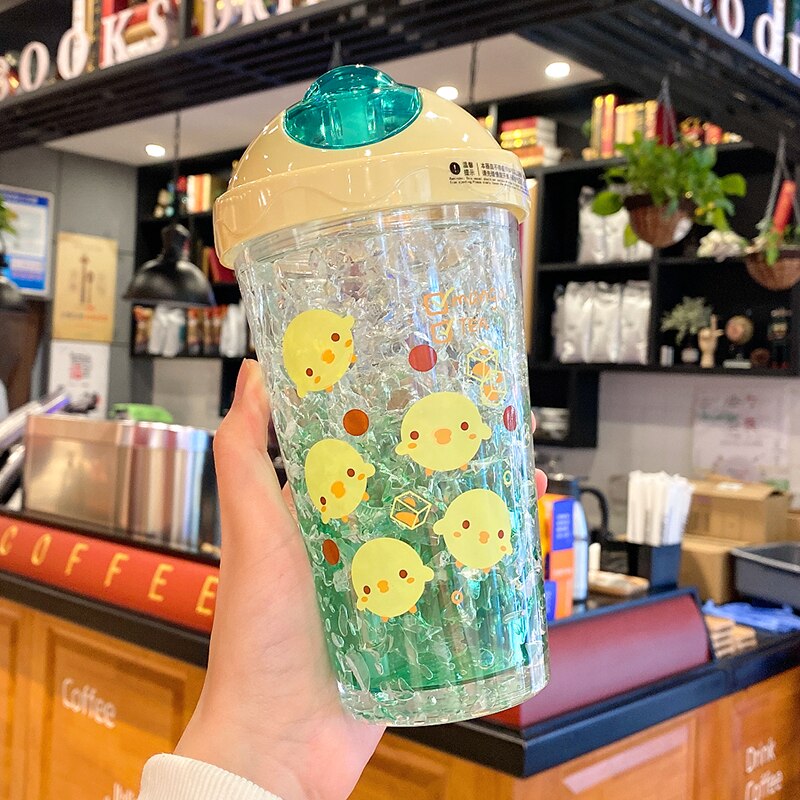 450ml Kawaii Duck Strawberry Ice Water Bottle With Straw Cute Plastic Water Cup Portable Milk Tea  Juice Drink Bottle BPA Free