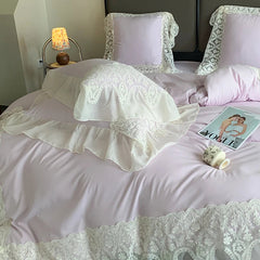 YICKYUE  -  French Style Bedding Set Princess Duvet Cover Set Cotton  Chiffon Lace Ruffle Comforter Sets Luxury Girls Wedding