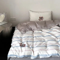 YICKYUE -  High End Cartoon Embroidered Queen Bedding Set 100% Lyocell Stripes Skin Friendly Duvet Cover Set Natural Plant Quilt Cover Sets